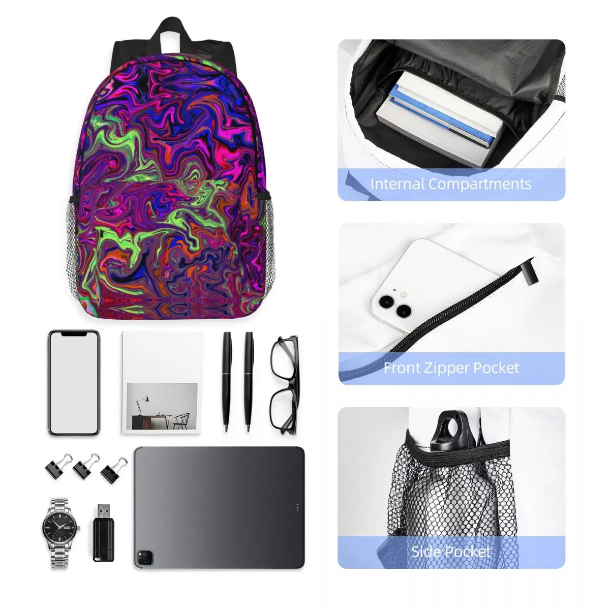 Abstrato redemoinho psicodélico arte viagem mochila para homens e mulheres, escola computador Bookbag, estudante universitário mochila sacos