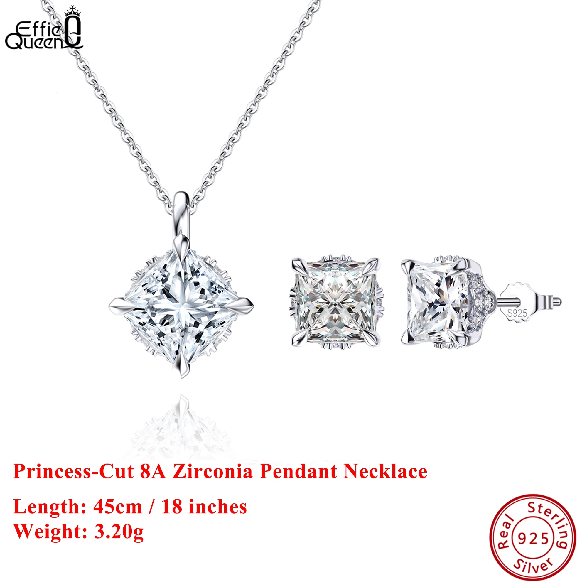 

EFFIE QUEEN S925 Silver Rhodium Plated Square Shaped Zirconia Pendant Necklace Luxury Jewelry for Women Banquet Party Gift LZN01