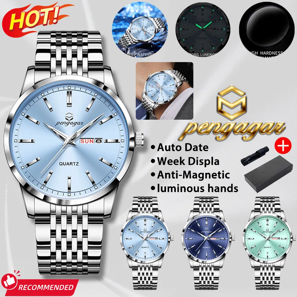 

PENGAGAR Роскошные спортивные мужские наручные часы из нержавеющей стали, водонепроницаемые мужские часы с датой, высокое качество, повседневные модные кварцевые мужские часы