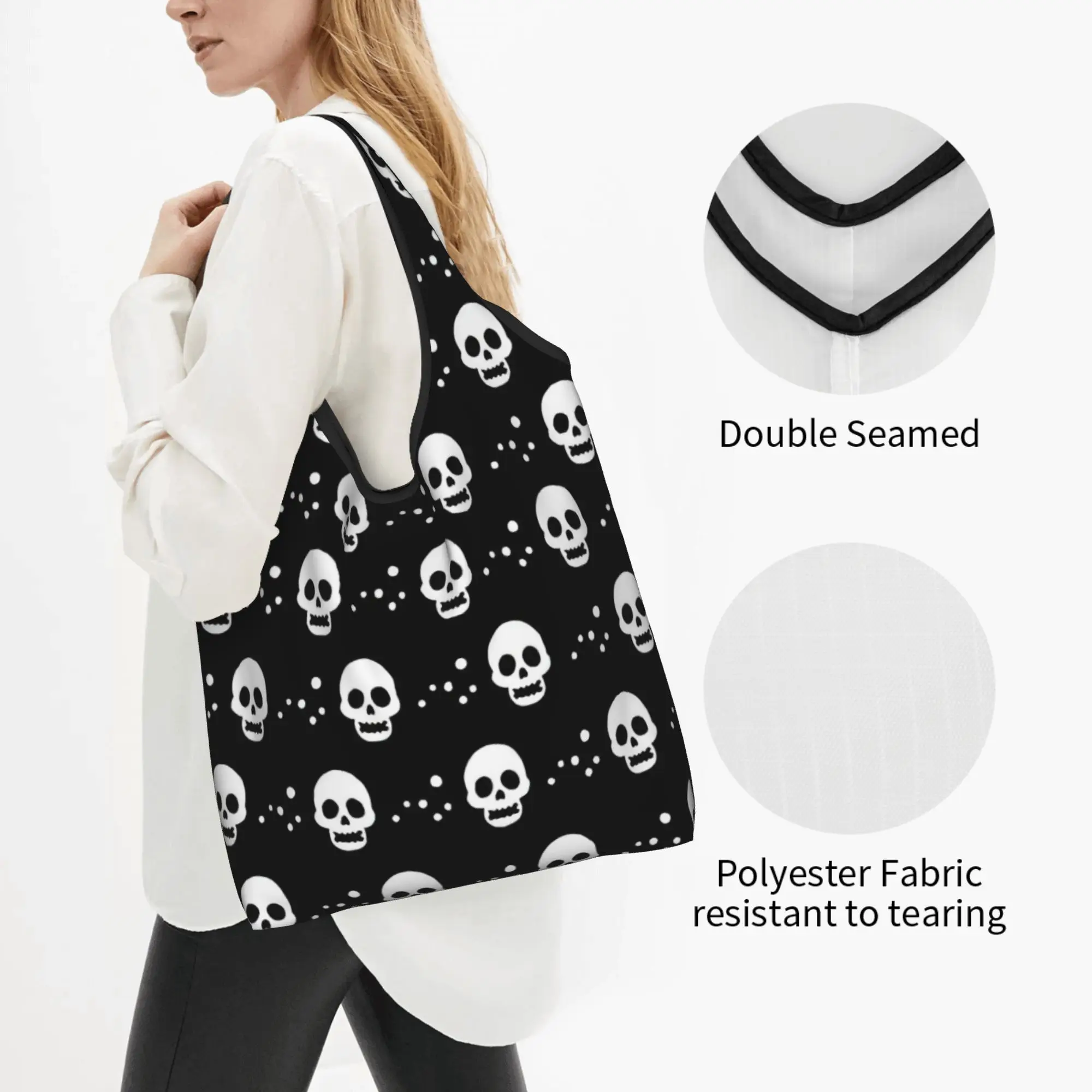Custom Skull  Shopping Bags Women Portable Big Capacity Grocery Horror Skeleton  Tote Shopper Bags