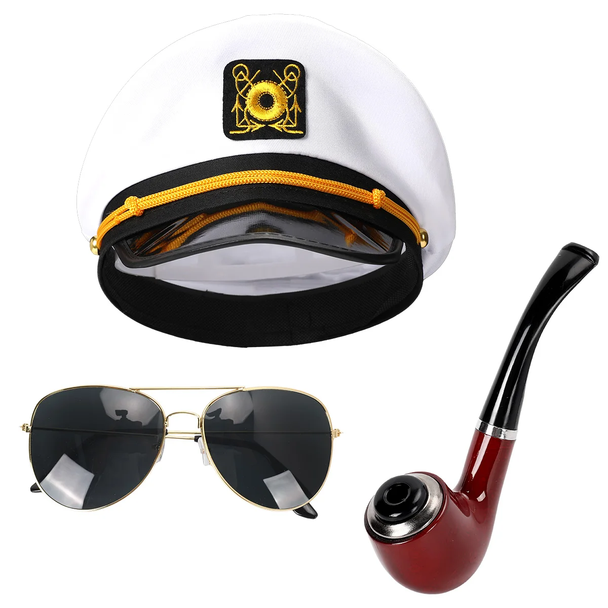 หมวกกัปตันเรือสีกรมท่าสำหรับผู้ใหญ่ พร้อมท่อสูบบุหรี่ แว่นกันแดด อุปกรณ์เสริมสำหรับงานปาร์ตี้คอสเพลย์ฮาโลวีน คุณภาพสูง ไม่รวมเสื้อผ้า