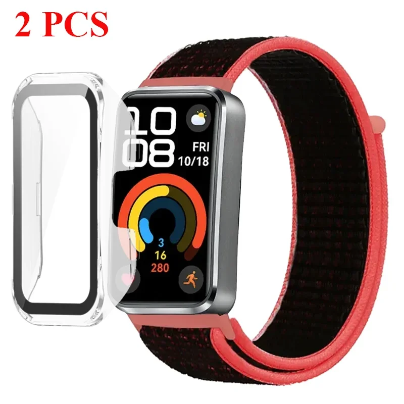 PC Case+Nylon Strap For Huawei Band 10 Breathable Sport Bracelet Wristband For Huawei Band 9 8 HD Tempered Glass Protective Case