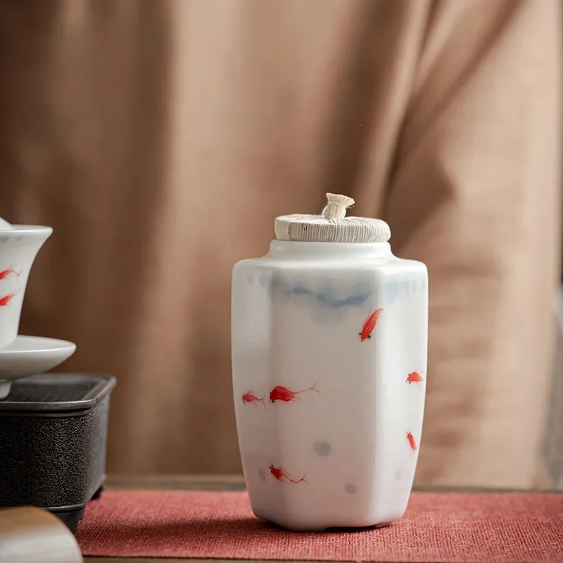

White Porcelain Ru Ware Pot Hand Painted Moisture-Proof Storage Tea Warehouse White Porcelain Tea Canister Tea Jar