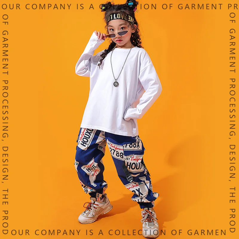 Kid Hip Hop Clothing Pure White Long Sleeve T Shirt Top Print Street Cargo Jogger Pants for Girl Boy Jazz Dance Costume Clothes