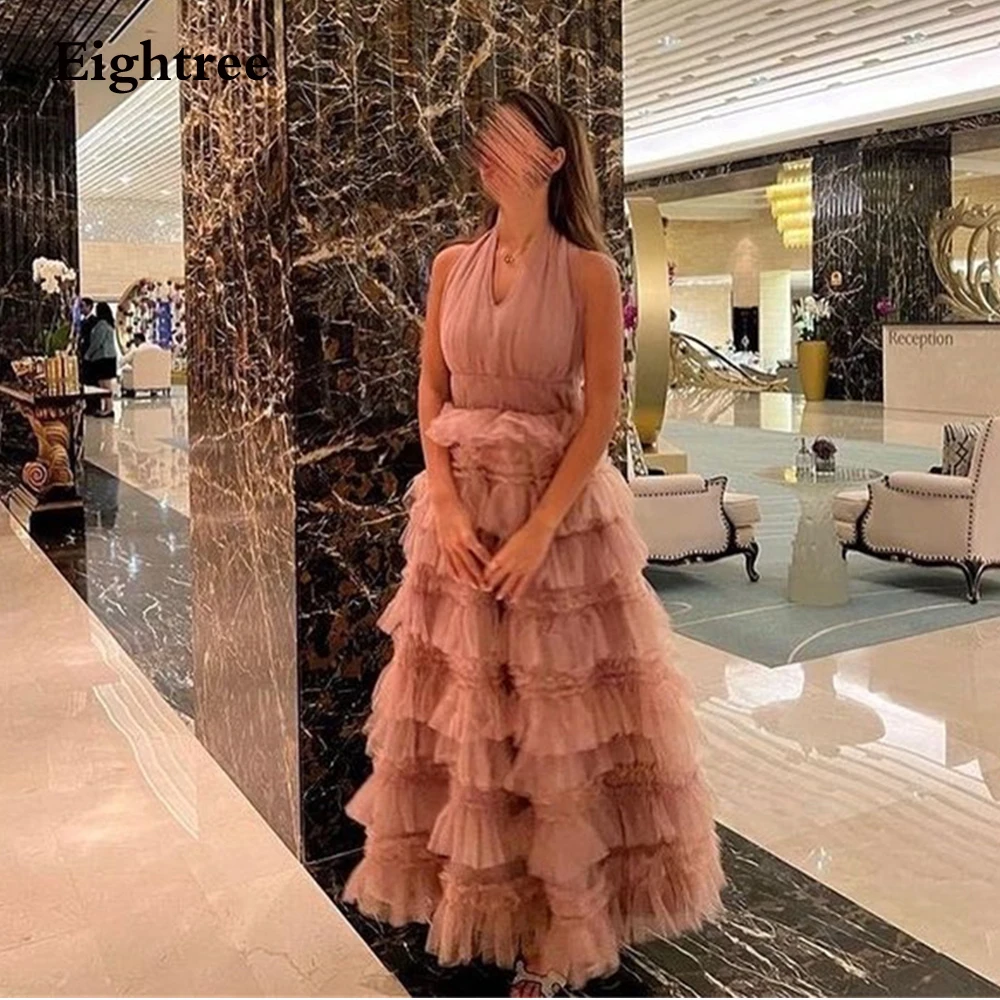 Eightree Vintage Evening Dress Tulle Ruffles Tiered Halter Long A Line Abendkleider Dubai Robe De Soirée Party Dresses 2023