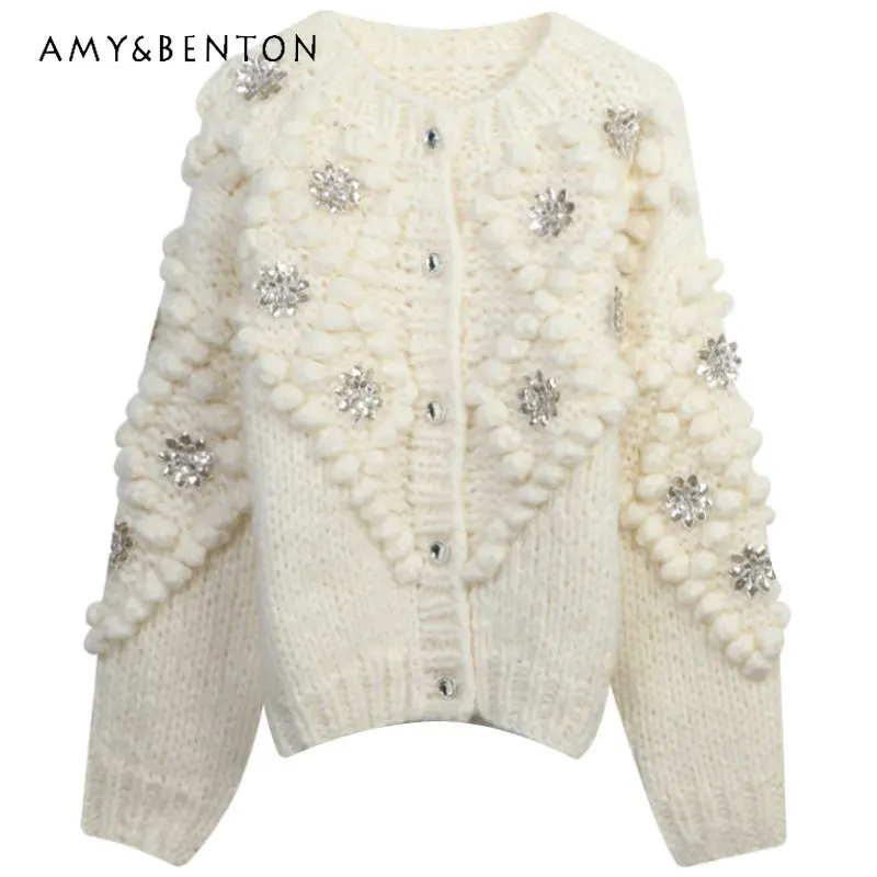 

Heavy Industry Hand Crochet Knitted Cardigan Women's 2023 Autumn Winter New Sequined Flower Loose Gentle O-Neck Sweater Cardigan