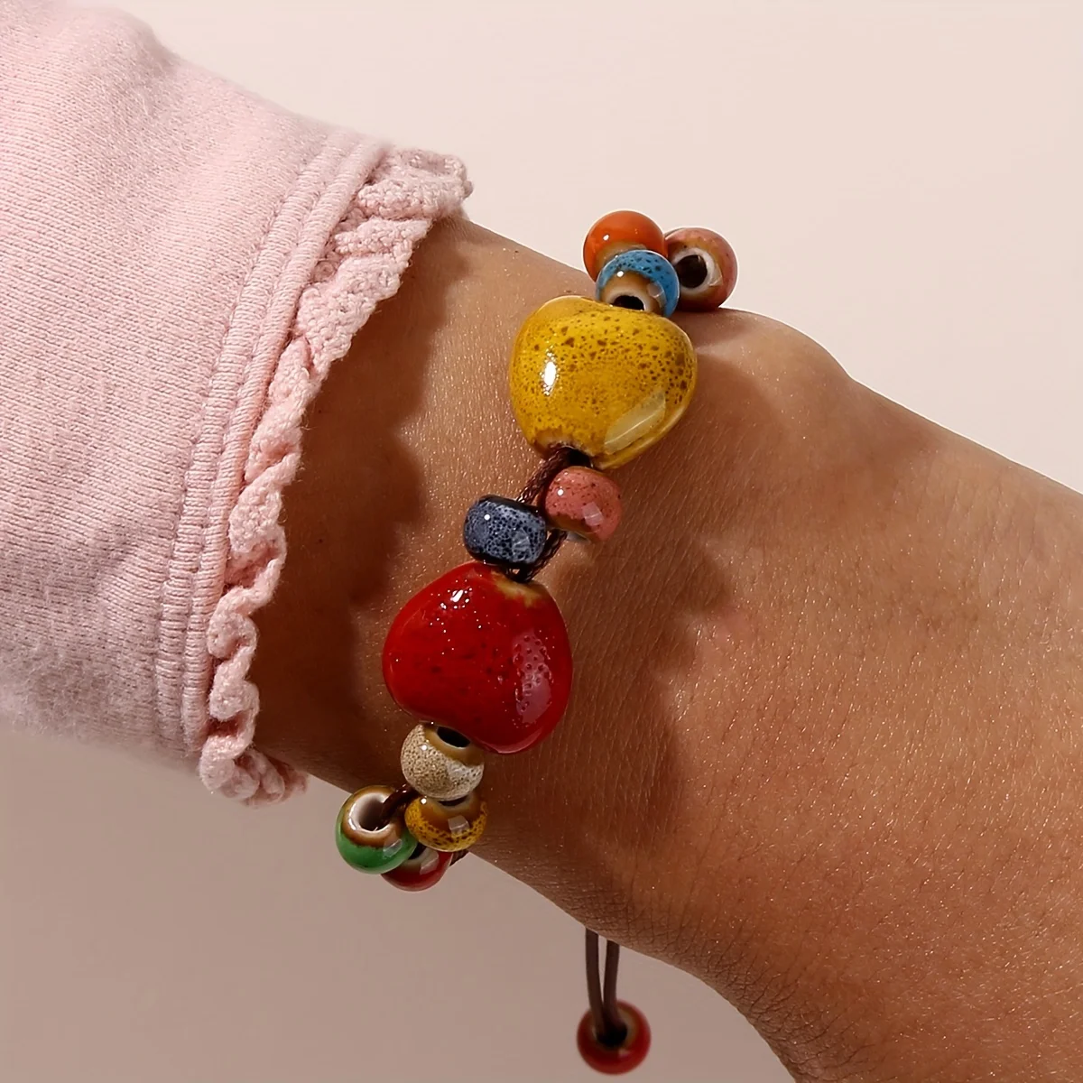 Colorful Love Heart Charm Bracelet, Retro Traditional Chinese Ethnic Style Colorful Ceramic Bead Bracelet Jewelry Accessories