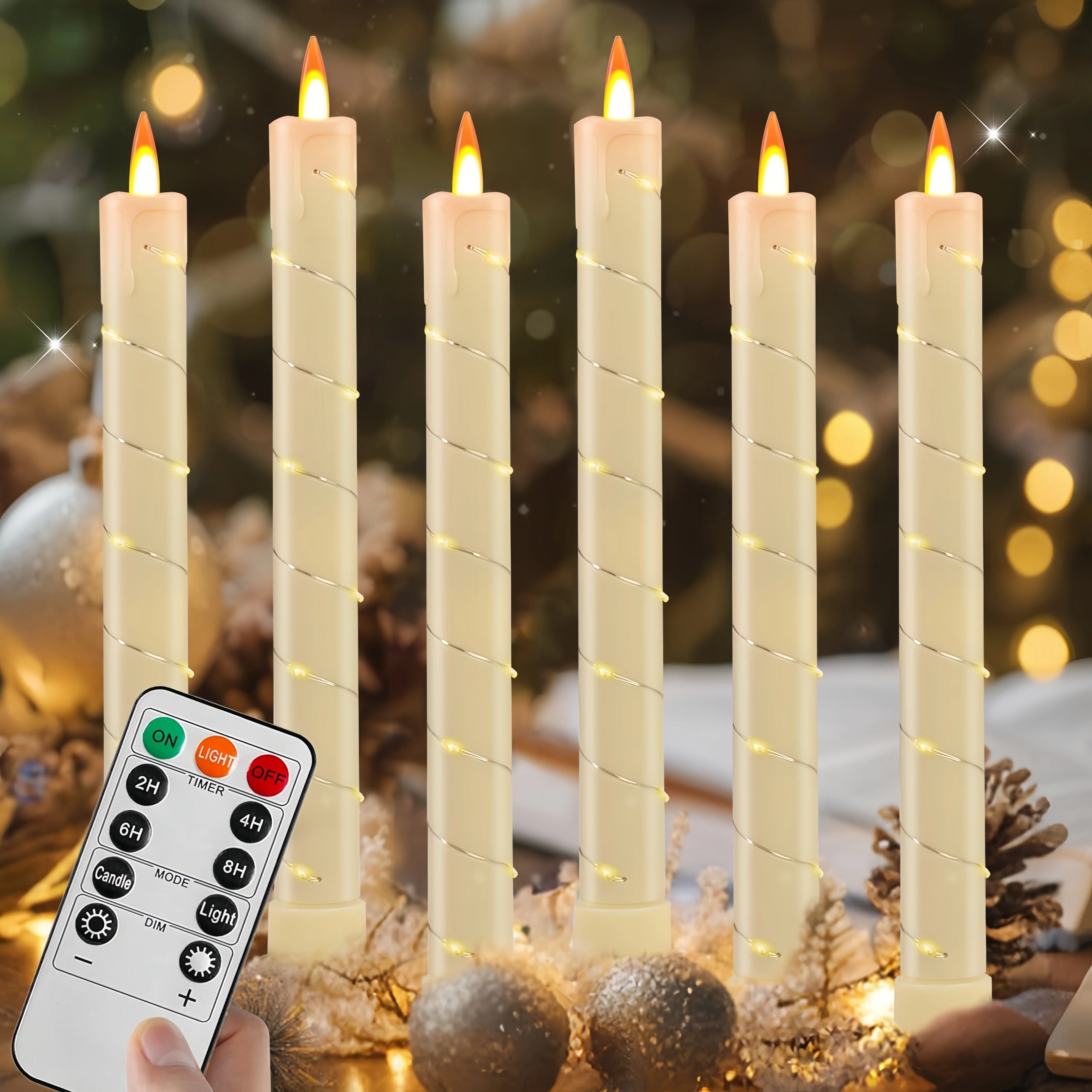 9.65' 3D Wick Led Taper Candles Battery Operated Candle Light Flickering Flame with Embedded Star String Candle Sticks W/Remote