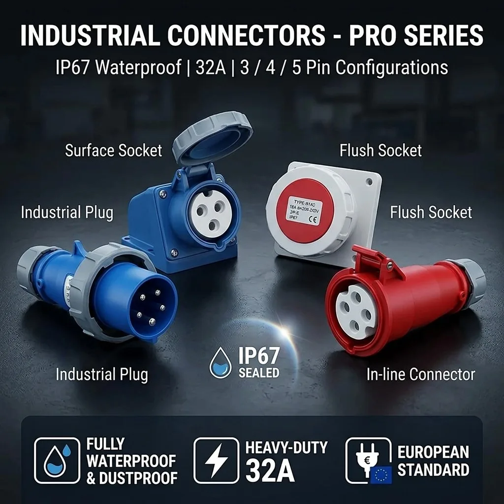 IP67 32A Industrial Plug & Socket Set, 3/4/5 Pin 220V-380V-415V, Male & Female with Pure Copper Contacts, Surface or Flush Mount