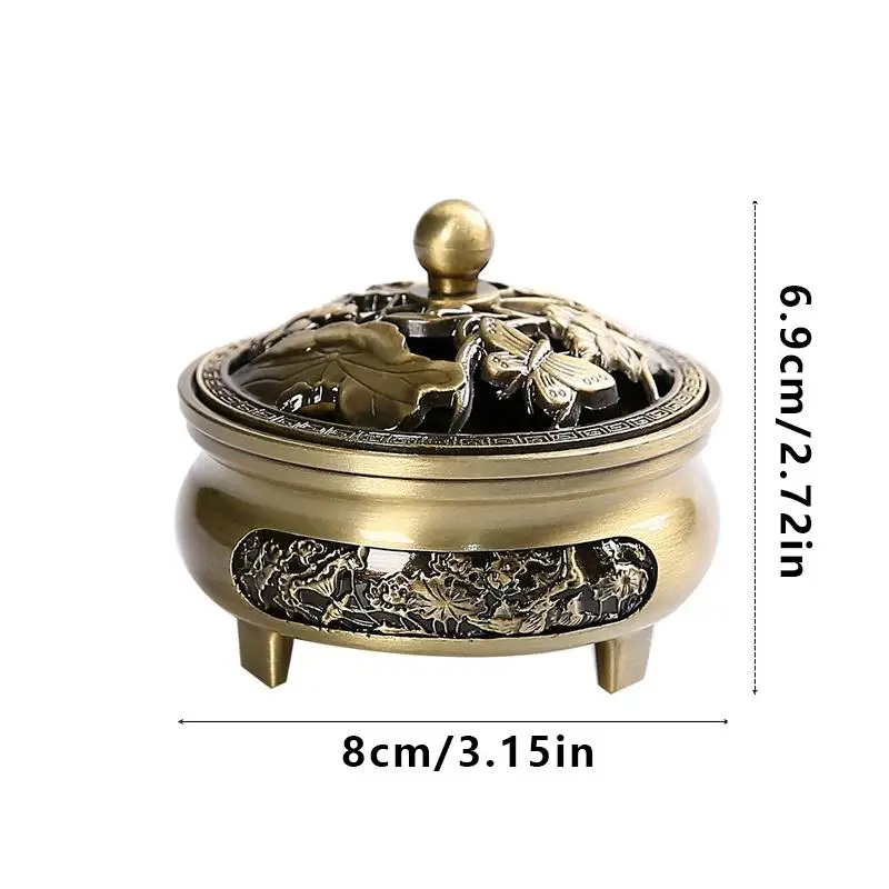 7x8cm Vintage Hollow Carved Metal Incense Burner, Three Legs Censer for Coil Incense Home Yoga Meditation Desktop Decor Gift