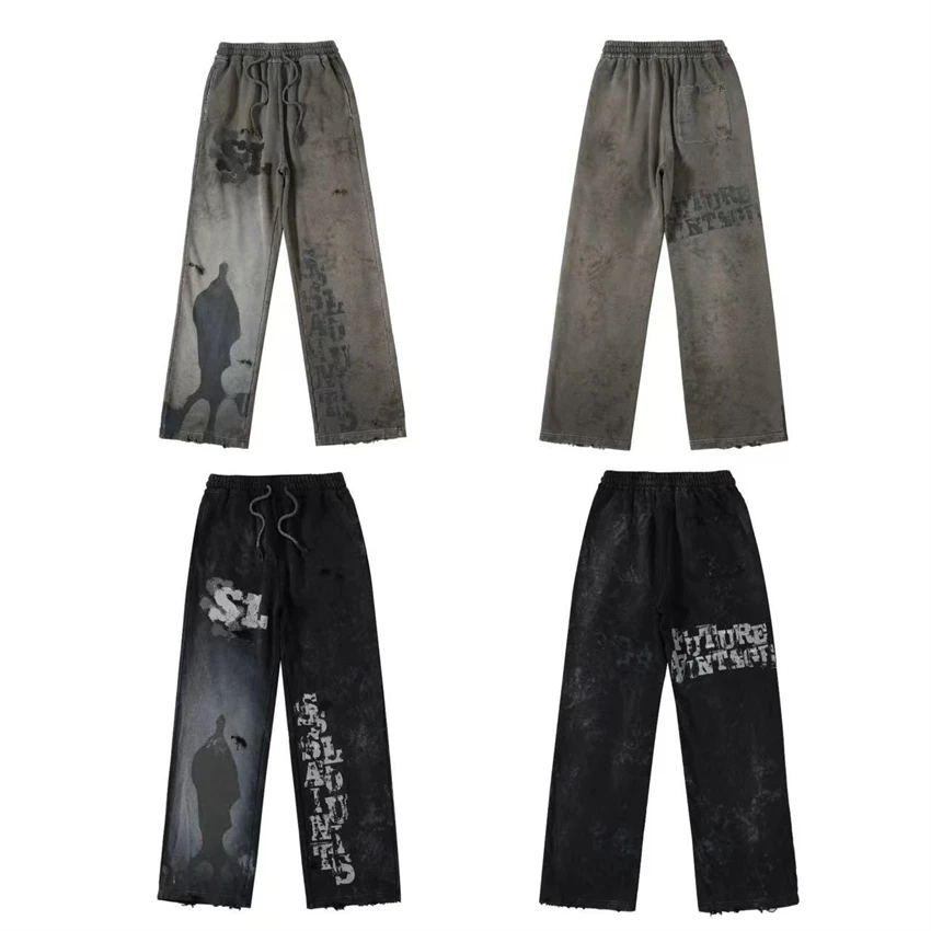 New Washed SSSAINT LOUIS Design Graffiti Printed Casual Pants High Street Casual Loose Cotton Autumn/Winter Vintage Sports Pants