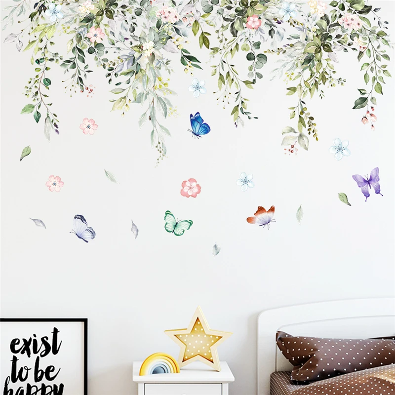 

Красивые наклейки на стену с цветами, листьями винограда, бабочкой, для магазина, офиса, дома, фотообои, искусство, наклейки из ПВХ