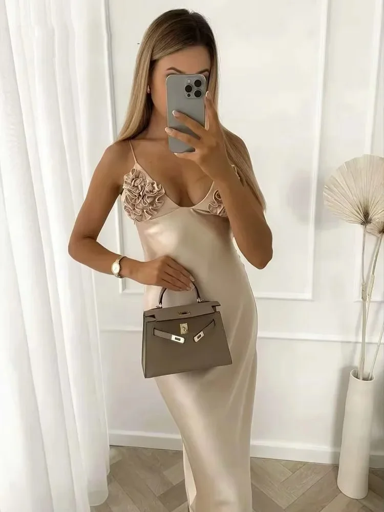 Robes longues élégantes en Satin pour femmes, nouvelle mode froncée, stratification, dos nu, Sexy, mi-longue, robes de soirée, été, 2025