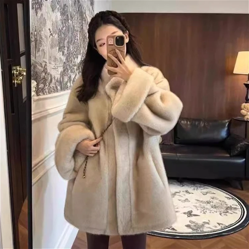 Mid Length Coat Women Faux Fur Coats Jackets Stand Collar Thick Y2k Streetwear Jacket Casual Loose Elegant Work Autumn Winter