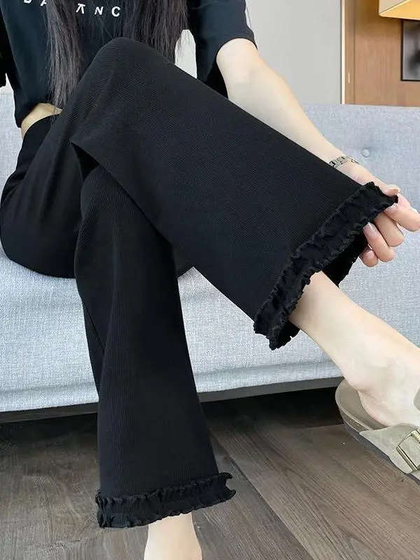 

Slim Fit High Waist Micro Flared Pants Women's Spring Autumn Elastic Black Bottom Skinnies with Wood Grain Ruffle Design