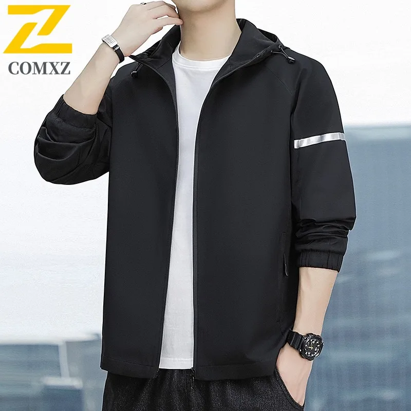 

2025 COMXZ Men Casual Jacket Spring Autumn Korean Style All-Match Loose Fit Big Size Trendy Hooded Coat lightweight windbreaker