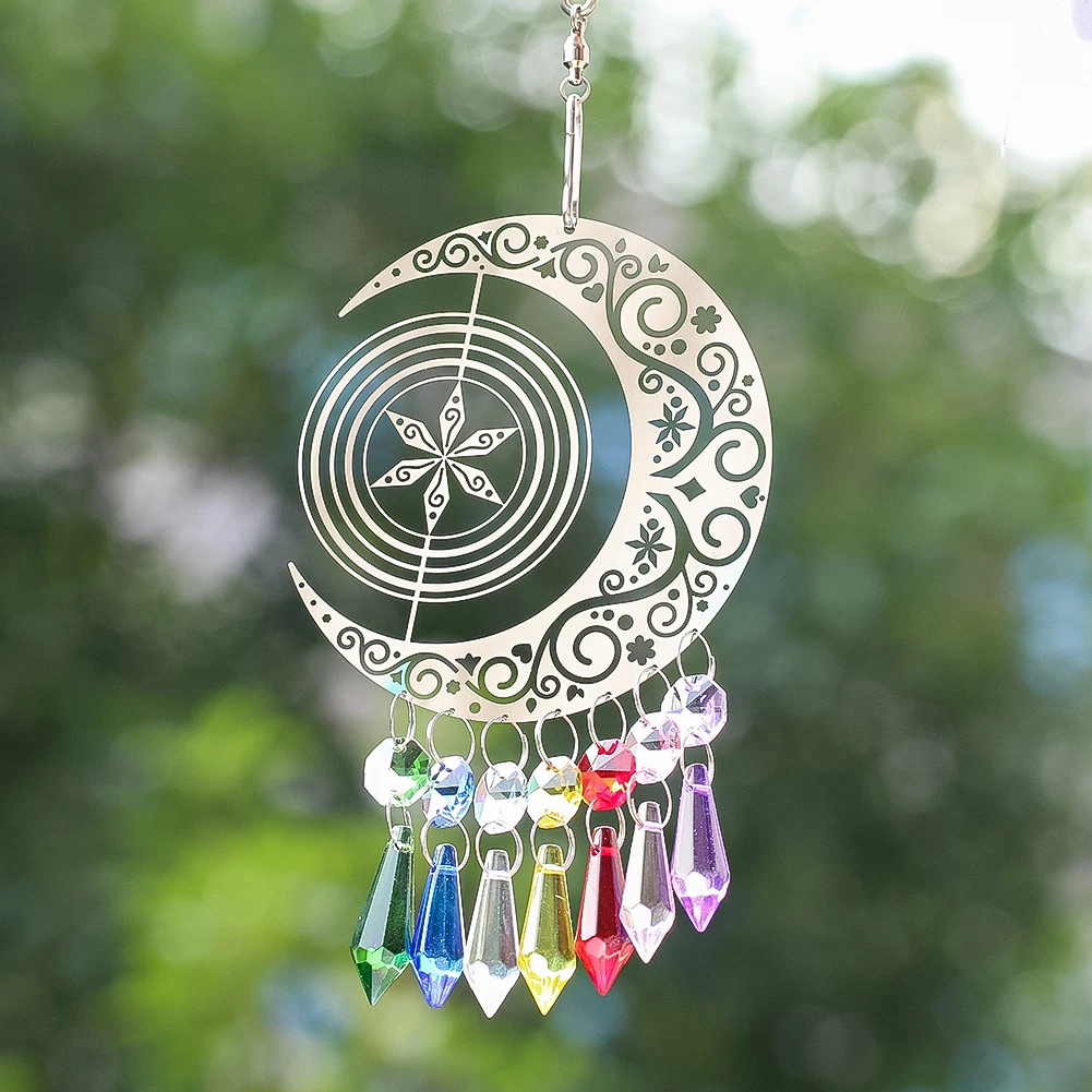 Metal Moon Snowflake Wind Chime Seven Color Icicle Crystal 3D Kinetic Rotating Pendant DIY Garden Home Decoration Gift