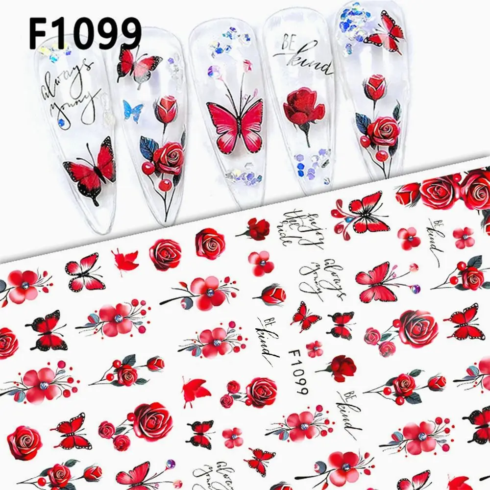 Design 3D Decalques de arte de unha flor rosa roxo pétalas decorações de unhas padrão de borboletas decoração de pontas de unhas coloridas