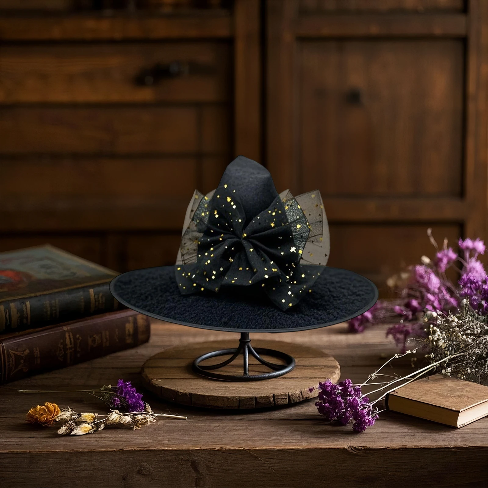 Cappelli da strega di Halloween Donna Paillettes Stella Bowknot Berretto a tesa larga a punta Masquerade Cosplay Party Cappelli da strega Accessorio per costume