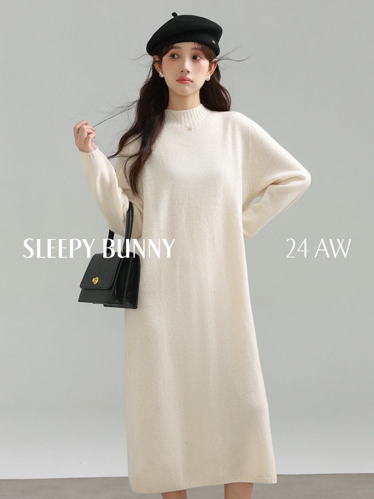 

Elegant Wool Knit Dress Round Neck Long Sleeve Midi Slim Loose Outfit for Petite Women Autumn Winter Warm Casual Fashion 2025