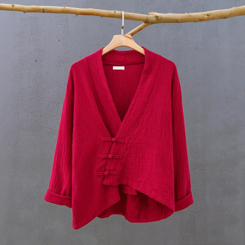Spring cotton linen Cardigans Women Solid fashion vintage Chinese style Irregular button Coat Oversize Jacket tops ropa de mujer