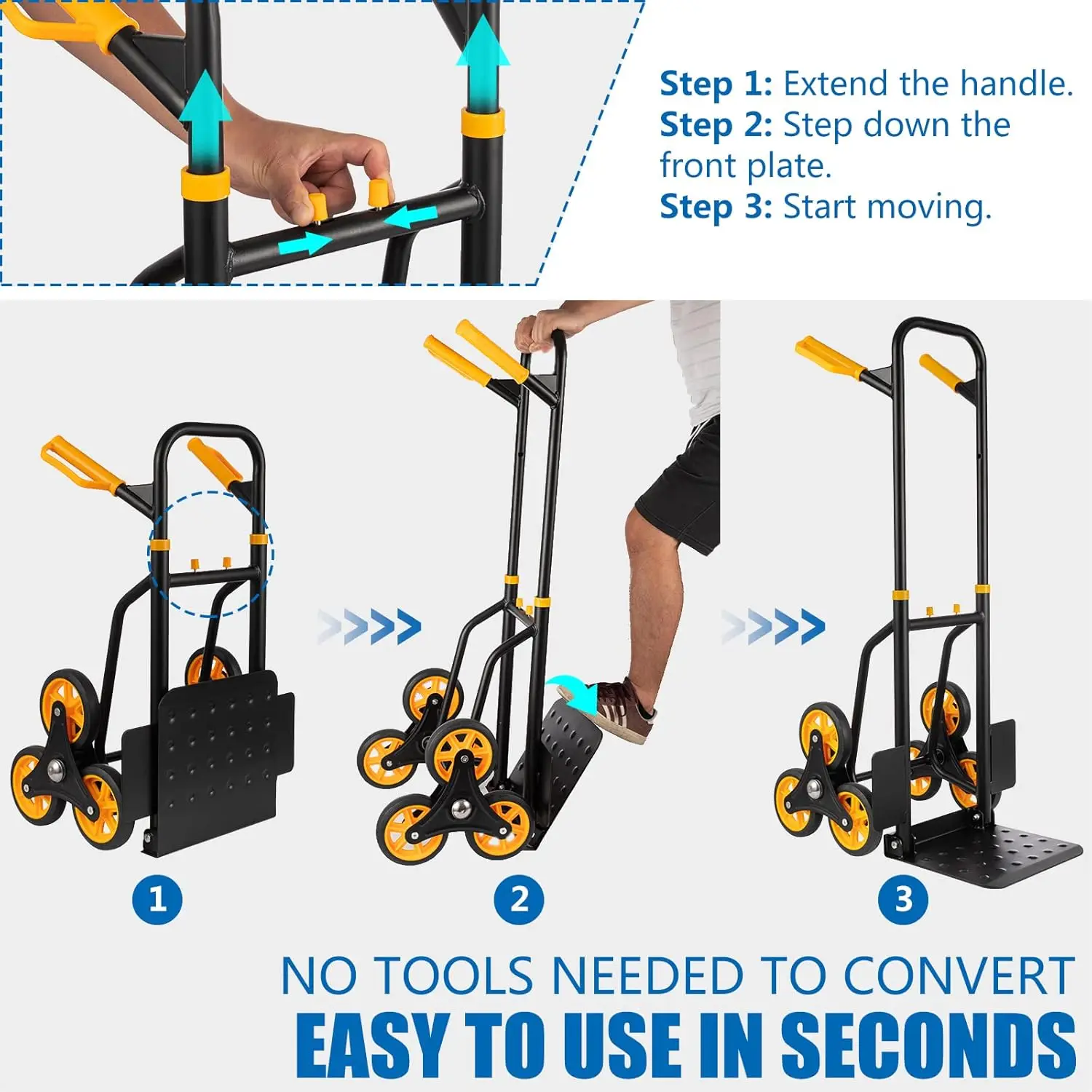 Caminhão manual de escalada de escada resistente 2 em 1, capacidade de 330 lbs, carrinho dobrável com 6 rodas e corda para casa, escritório