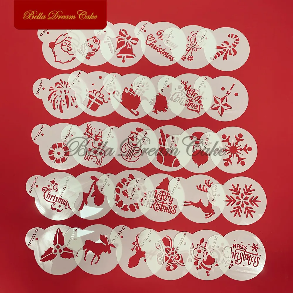 30pcs/set Christmas Series Fondant Cookie Stencil DIY Macaron Biscuit Mold PET Chocolate Coffee Template Cake Deco Tool Bakeware