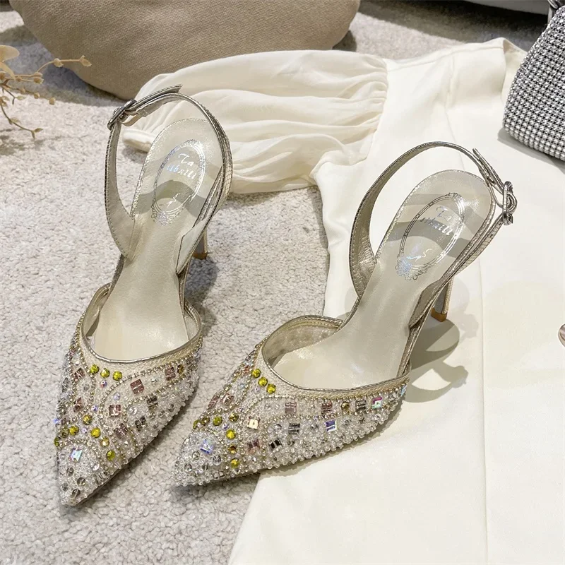 Summer New Crystal Wedding Shoes, High Heels, Thin Heels, Baotou Fairy Princess Girl, Design Sense, Temperament, Water Diamond