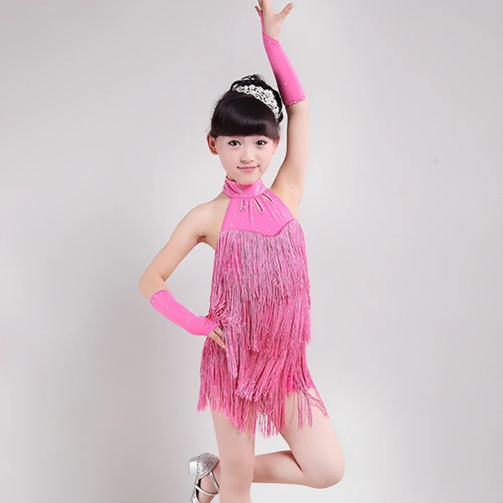 Girls Dance Dress Solid Sleeveless Latin Dance Dress Cha Cha Dress Kids Tango Skirt Carnival Wear Child Teen Stage Costume 3-15Y