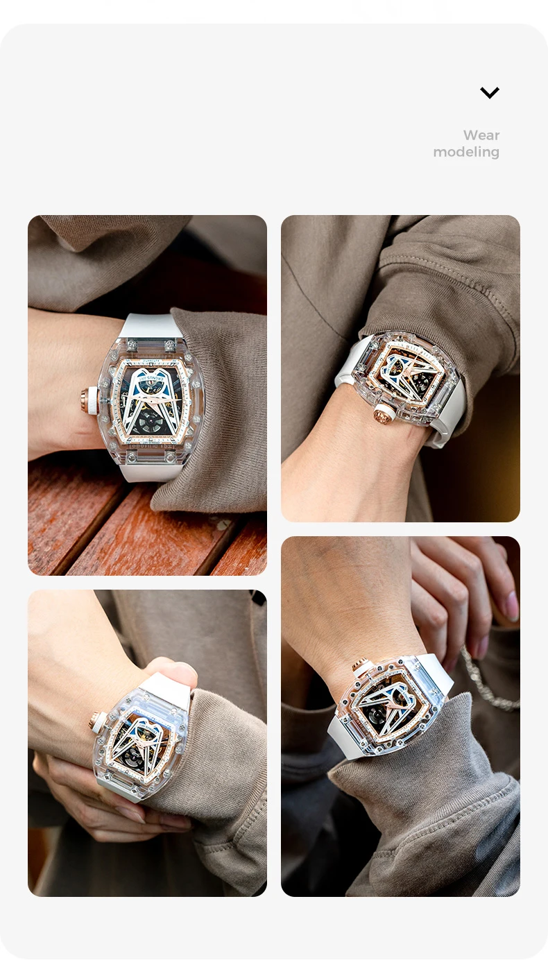 CRONUSART Мужские автоматические часы 50 мм Роскошные механические наручные часы Tonneau Светящийся ремешок из фторкаучука Полый циферблат Victory