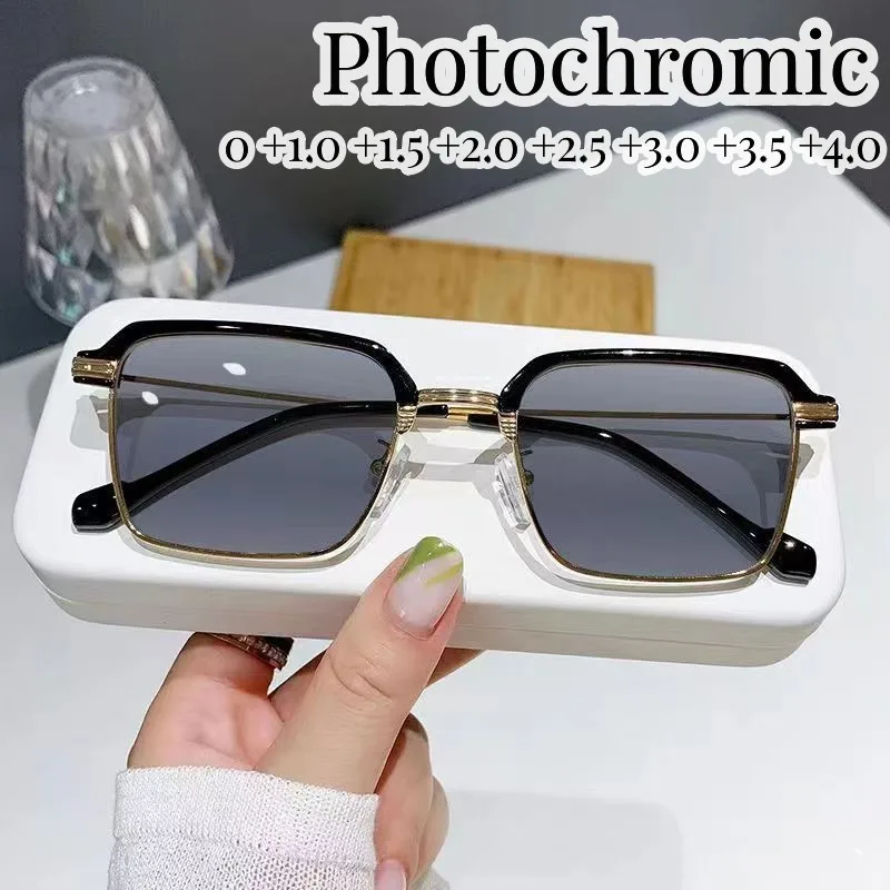 2 In 1 Muitifunction Photochromic Far-sighted Eyewear Mental Frame Ourdoor Sunglasses Retro Women Men Reading Glasses Diopters