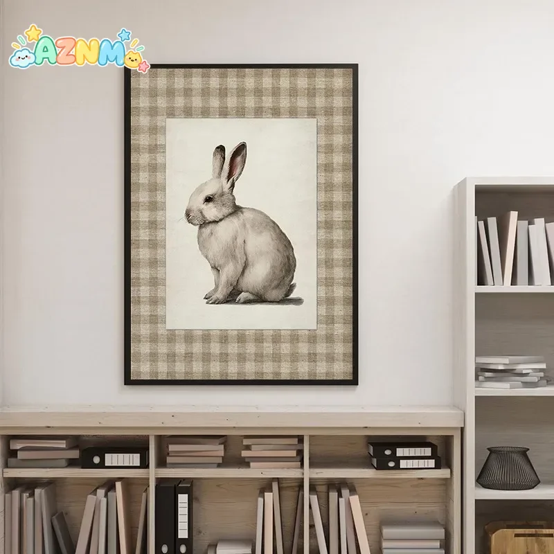 Woodland Animal Poster Print Fox, Deer, Rabbit Gingham Canvas Painting Print Wall Art, Rustic Farmhouse Home Decor