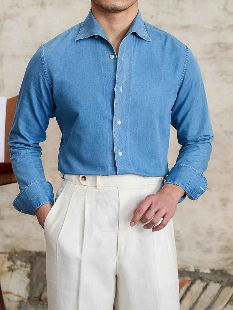 

Men's British Denim Shirt | Commuter Casual Long Sleeve | Fitted Gentleman's Wear | Versatile Neckline Top