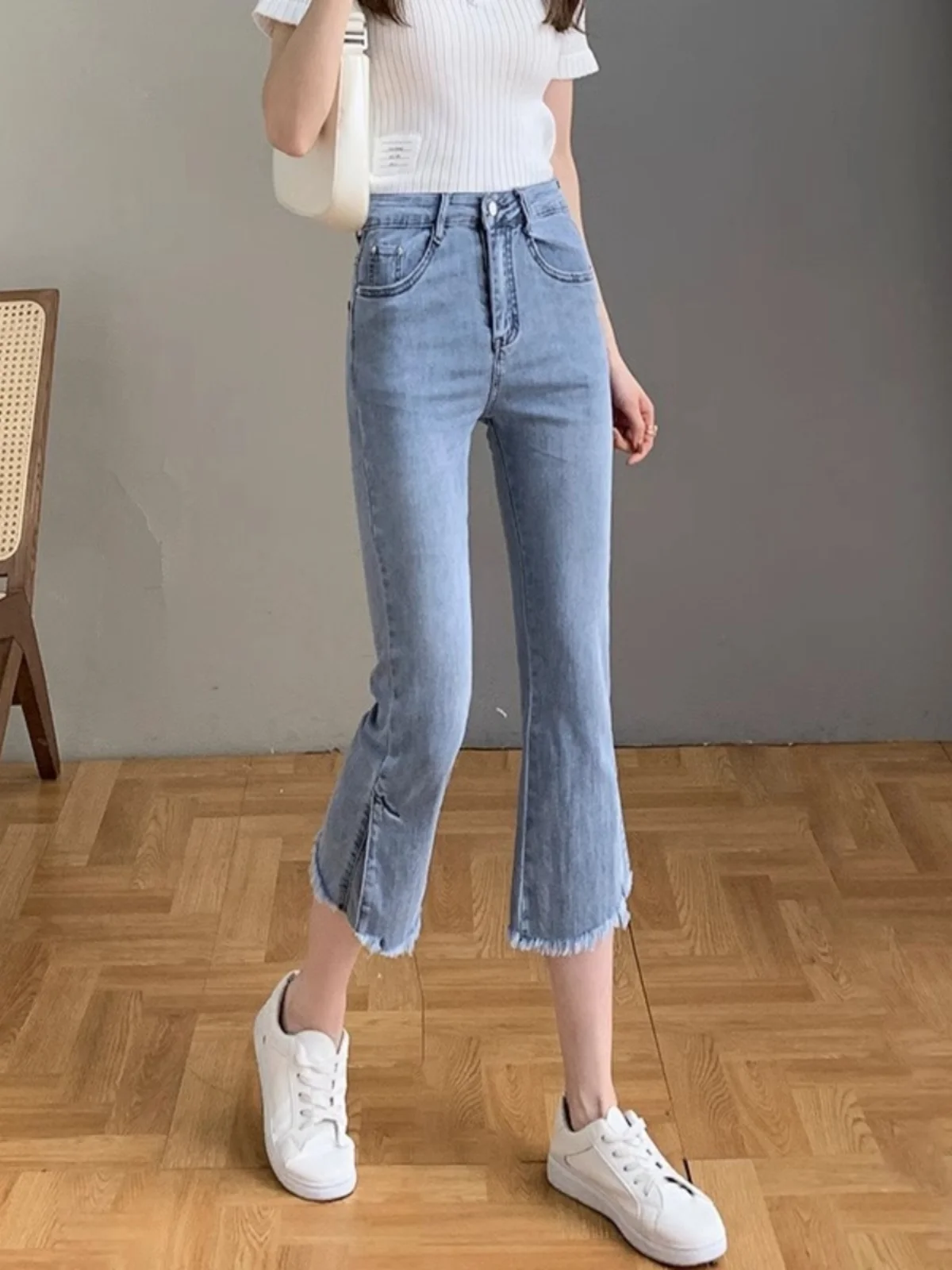 Summer Thin Seven-Five Jeans Women's High Waist Straight Leg Light Color Thin Harem Pants Nine-Piece Smoke Tube Trousers