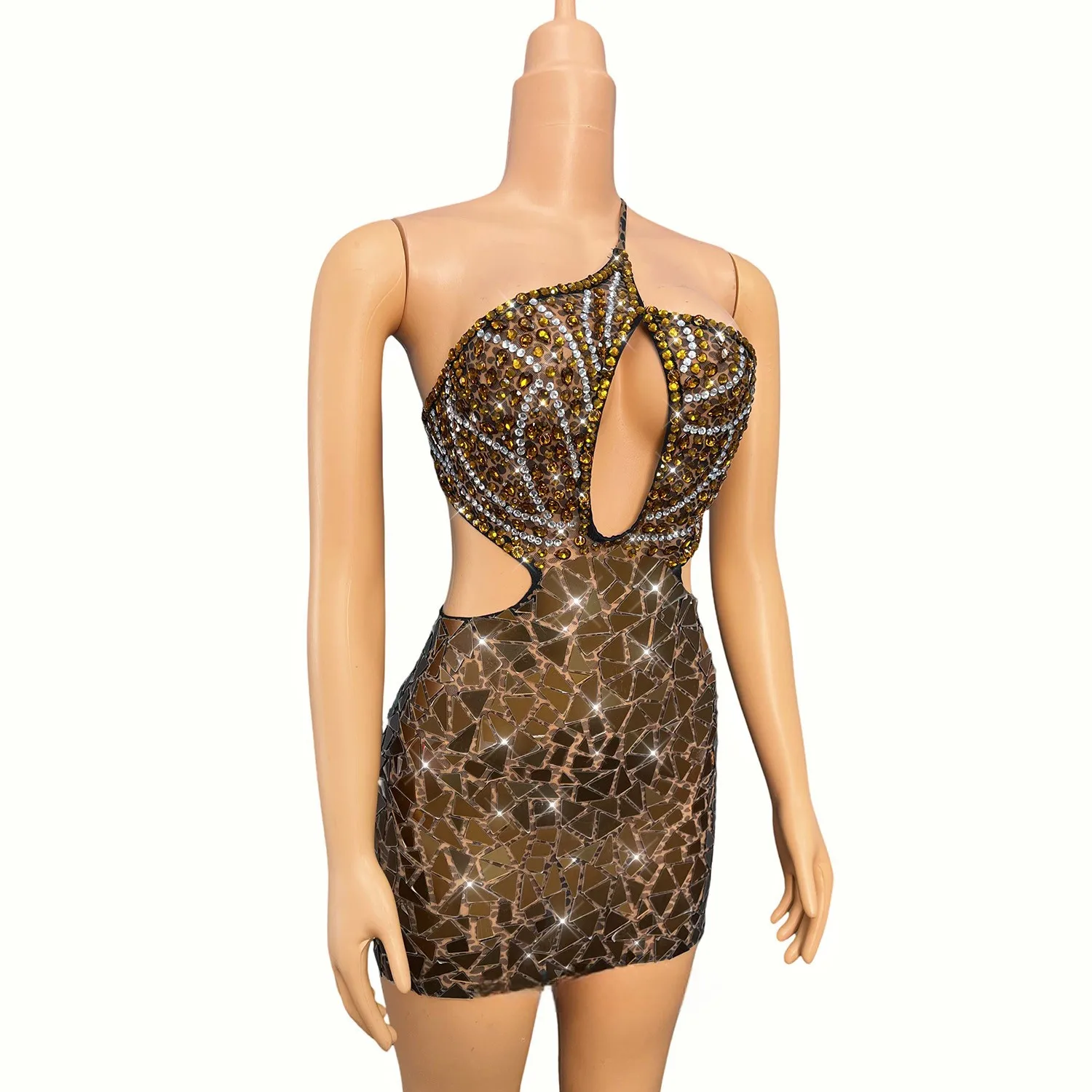 Women Sexy Daring Dress One Shoulder Cut Out Diamonds Plexiglass Petal Stick Mesh Bodycon Mini High Stretchable Showgirl Dress