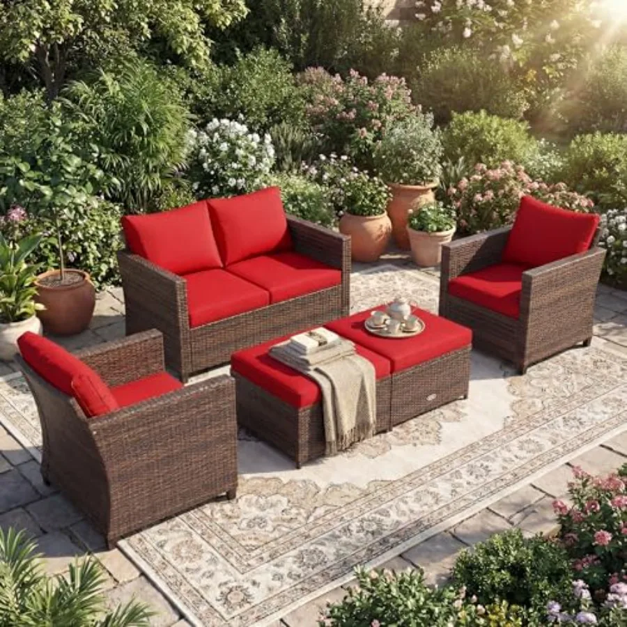 

5 Pieces Rattan Patio Furniture Set Outdoor Sectional Wicker Sofa with Loveseat 2 Single Sofas 2 Ottomans Removable Cushions Re
