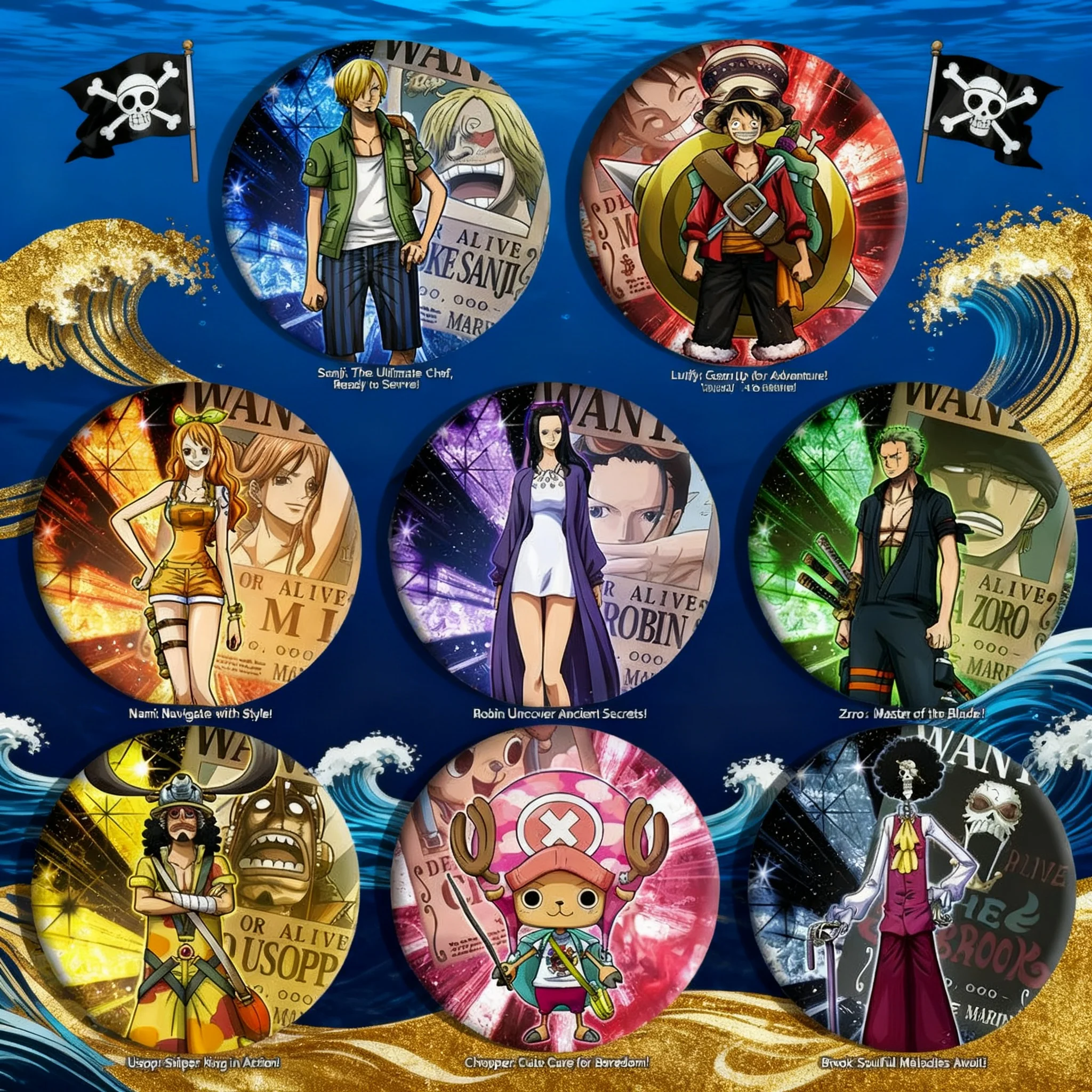 

One Piece Luffy Zoro Sanji Tin Badge Pin Anime Cosplay Accessories Round Portable Mirror Anime Merchandise Badge