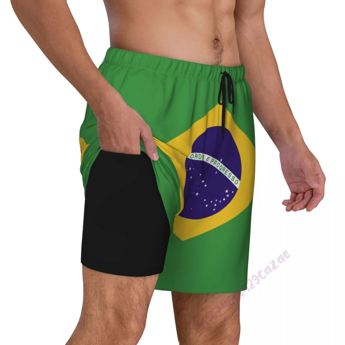 Brazil Flag 3D Mens Swimming Trunks With Compression Liner 2 in 1 Quick-Dry Summer Swim Shorts With Pockets