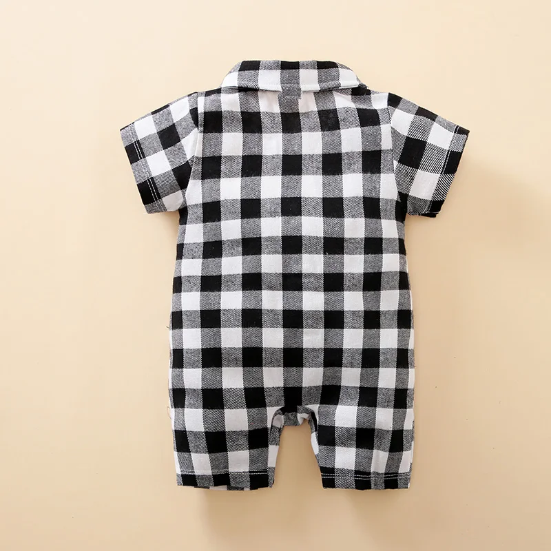 Summer Boys And Girls Literary Style Checkered Shirt Casual Comfortable Short Sleeve Baby Bodysuit