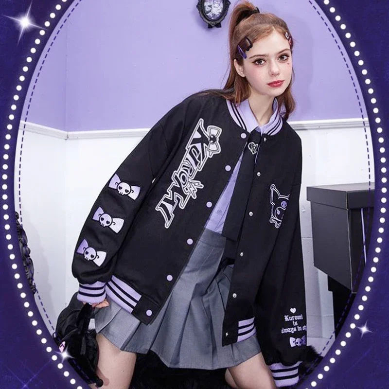 Anime Kuromi Girls Y2K Baseball Jersey Sanrioed Cartoon Women Black Retro Clothes Girls Jacket Autumn Winter Vintage Coat Tops