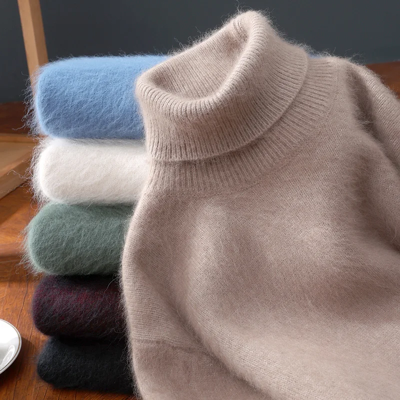 

Autumn Winter New 100%Pure Mink Cashmere Sweater Men's High Collar Knitted Pullover Casual Solid Color Thick Warm Men's Clothing