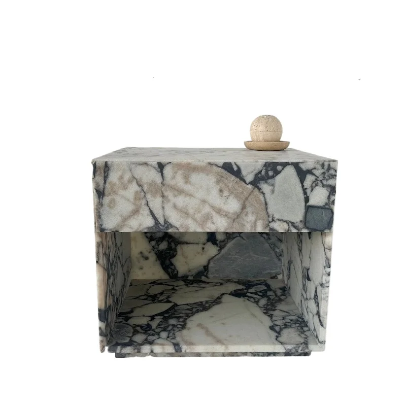 Modern European natural marble side table, marble coffee table with drawers, living room center furniture