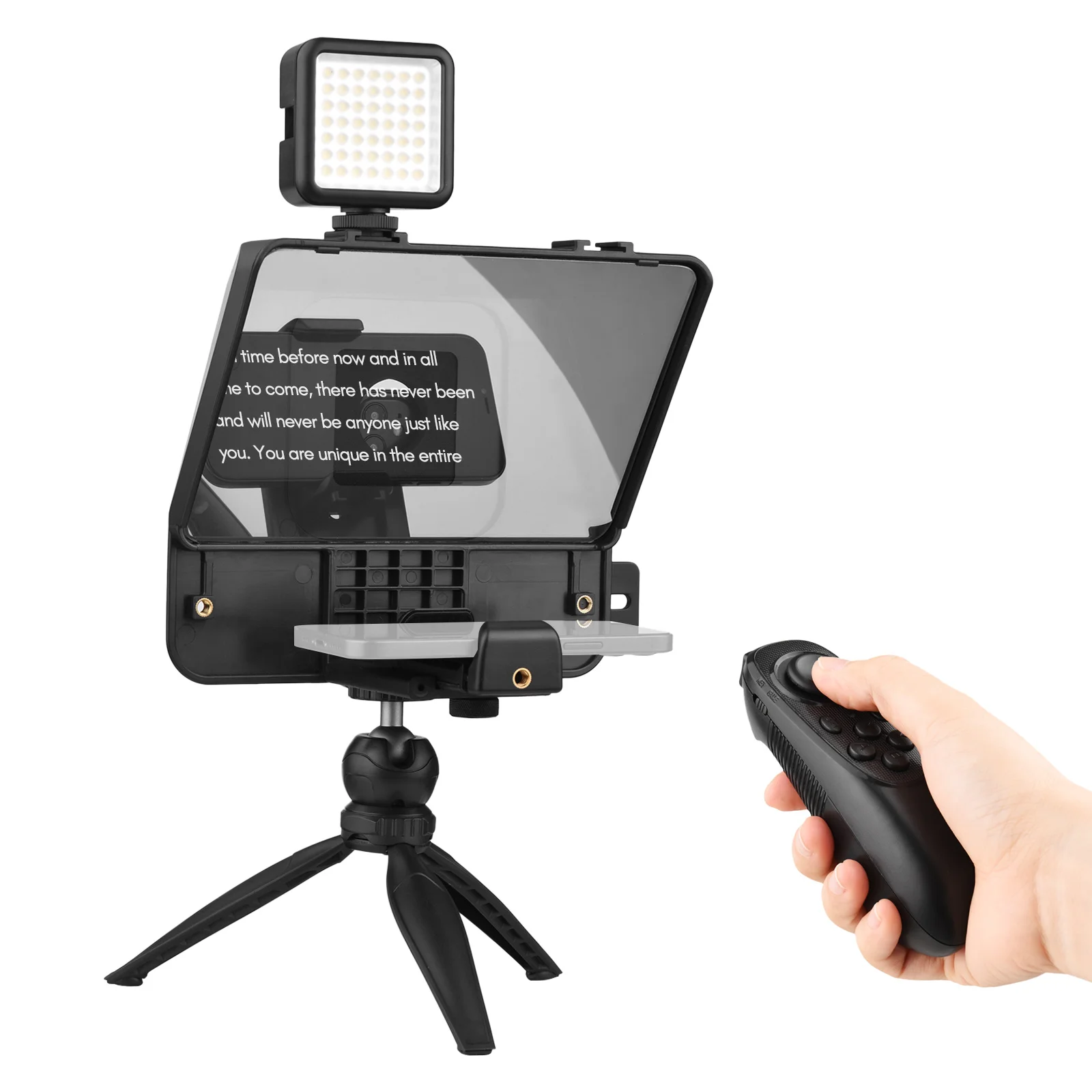 Andoer A10 Portable Smartphone DSLR Camera Teleprompter Prompter Kit with Phone Holder LED Fill Light Desktop Tripod Remote Cont