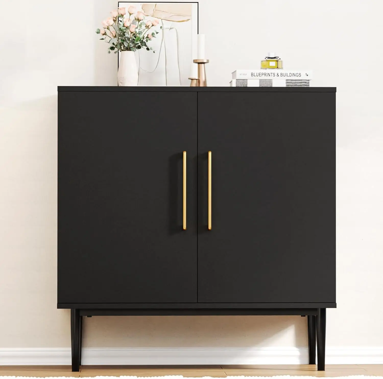 

Modern Storage Cabinet, Free Standing Buffet Cabinet, Black Sideboard and Buffet Storage, Wood Accent Cabinet for Living Room