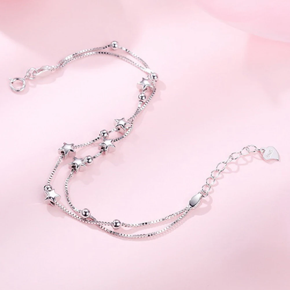 

2pcs Sterling Silver Bracelet Double Chain Women Delicate Beaded Bracelets 925 Silver Bangle Adjustable Jewelry