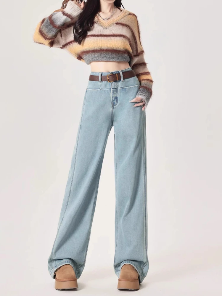 

Blue High Waist Wide Leg Denim Jeans Women's Fleece Lined Loose Straight Floor Length Pants Slimming Age Reducing Fall Winter