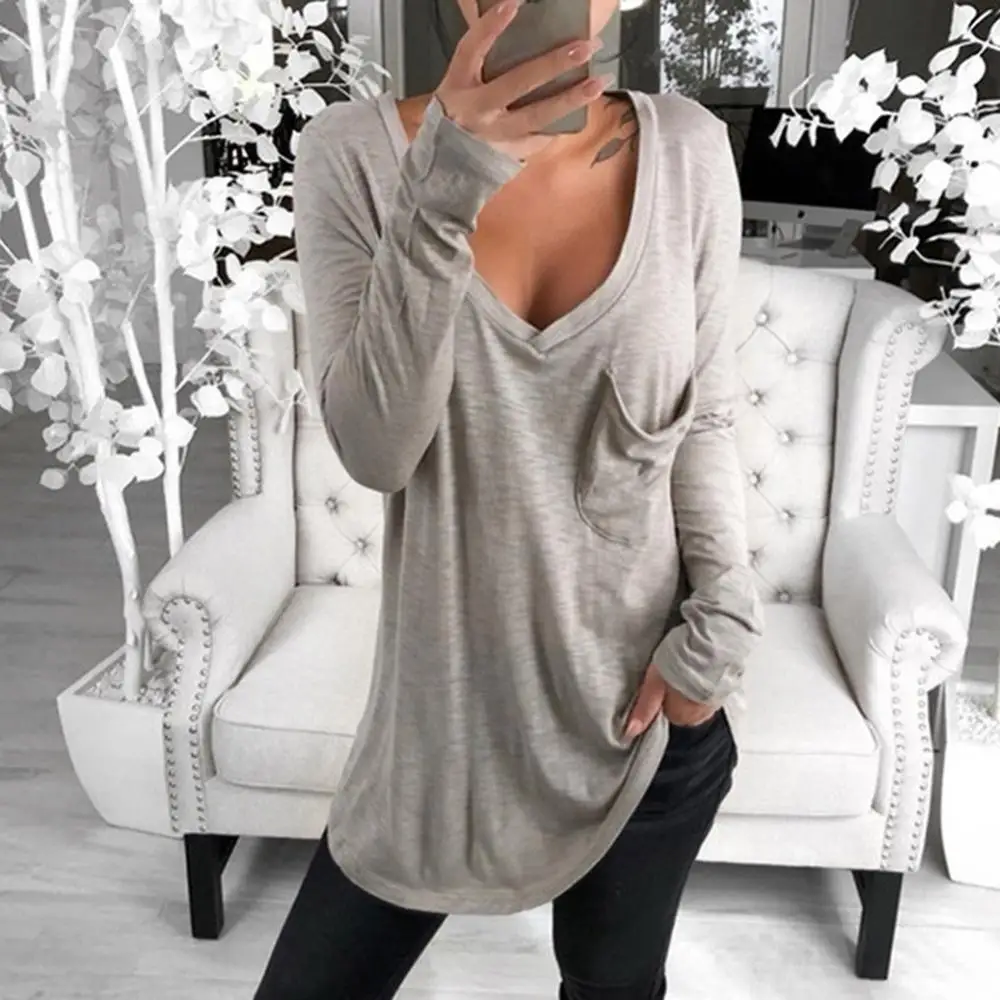 Fashion Sexy Women T-shirts Solid Color cotton Deep V neck Long Sleeve Tops Front Pocket Loose Tunic T shirt for women female