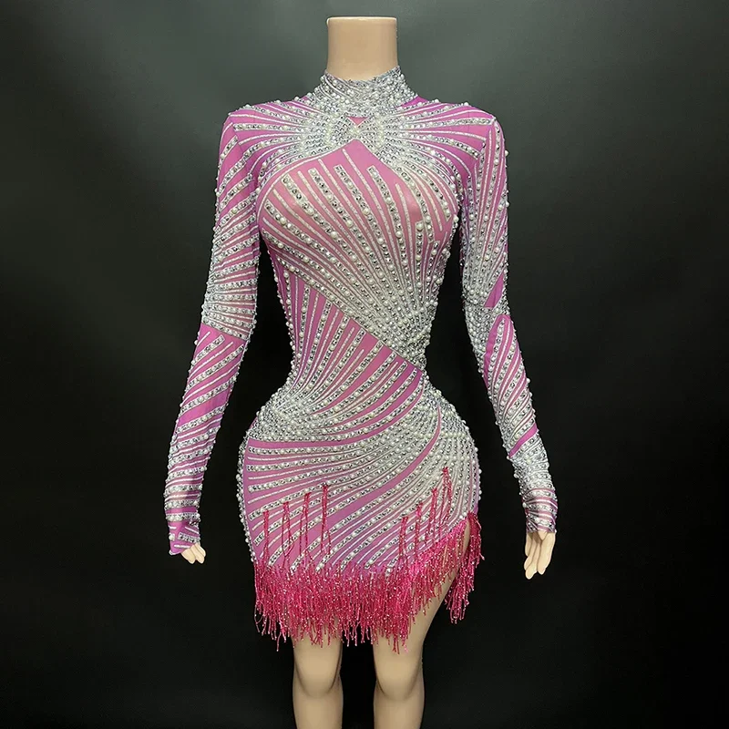 Sexy pérola strass borlas pacote apertado hip vestido senhora aniversário baile de formatura noite franjas vestidos cantor anfitrião boate traje