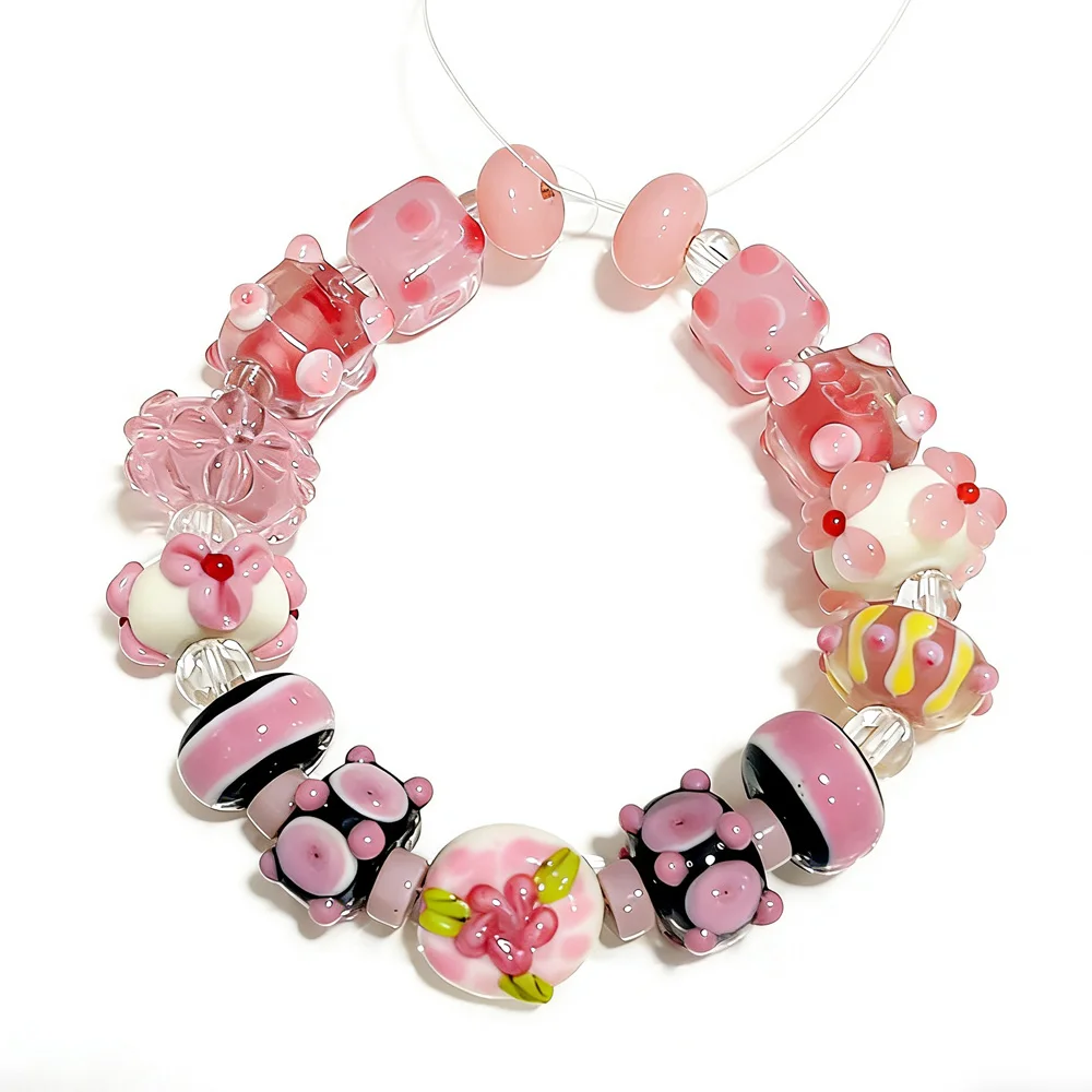 

Only 1set!Good Quality!Pure Handmade Retro Pink Lampwork Glass Loose Beads For Charm DIY Bracelets Jewelry Making Accessories !