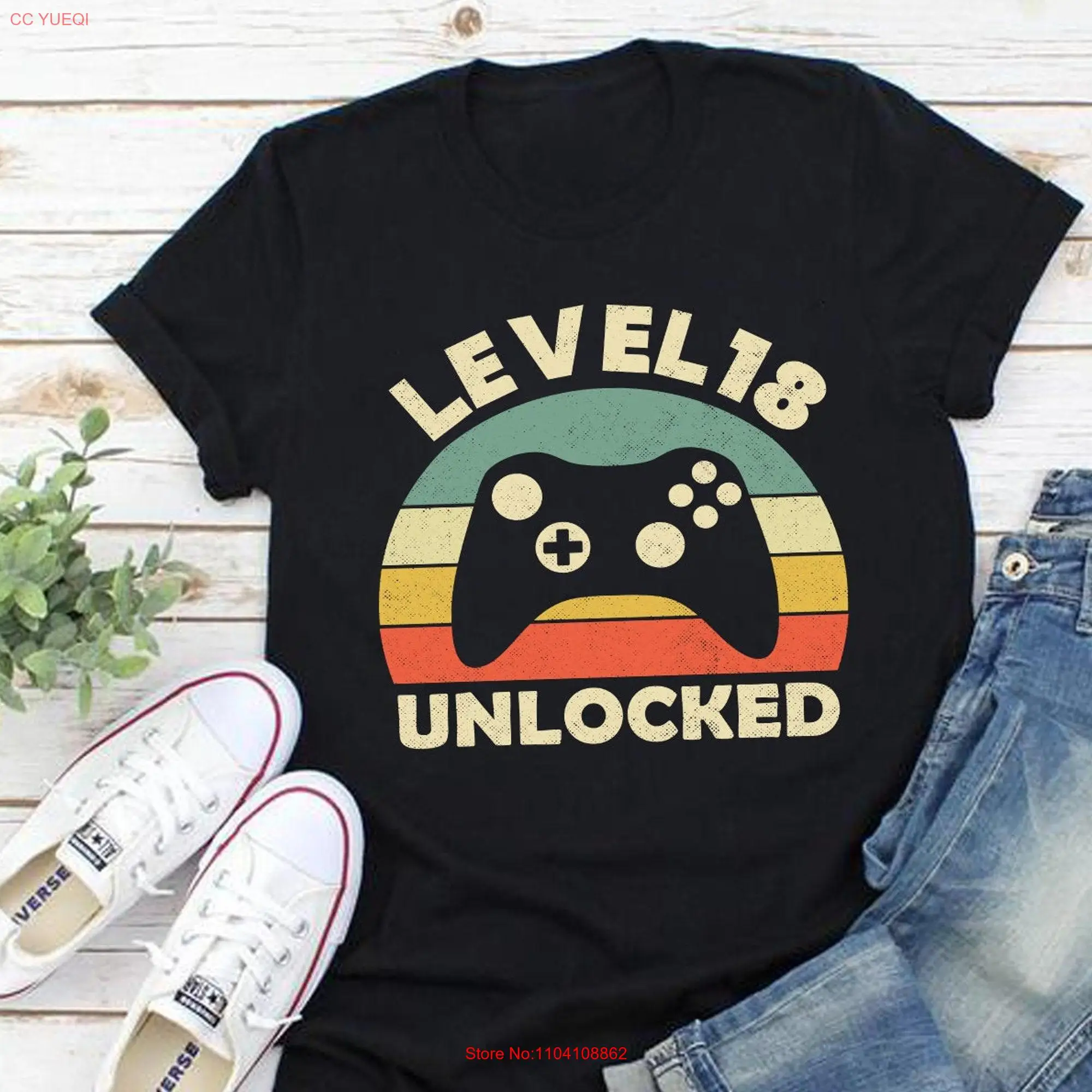 18th Birthday T Shirt 18 Years Old Eighteenth Level Unlocked Video Game Gaming Eighteen long or short sleeves